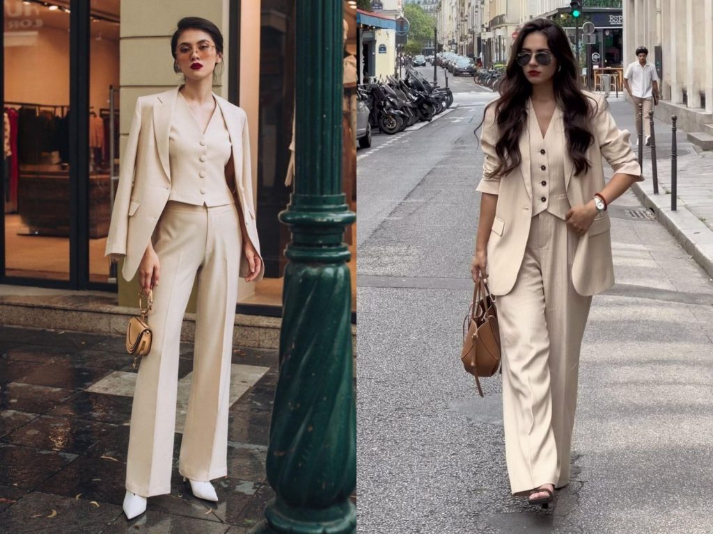 Bộ vest nữ oversize phối cùng áo croptop và sneaker năng động